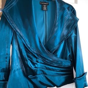 CACHET Teal Ruched VNeck Formal Blouse Sz 16 Shiny